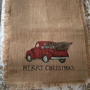 Merry Christmas Burlap Table Runner with Red Truck Design